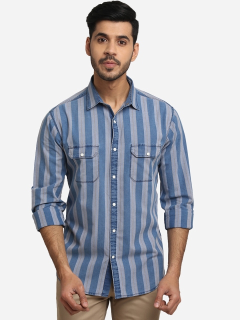 

Greenfibre Men Blue & Grey Slim Fit Striped Casual Shirt