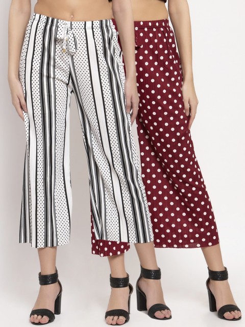 

KLOTTHE Women Pack of 2 White & Maroon Striped Wide Leg Palazzos