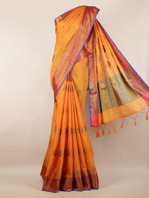 

Pothys Orange & Gold-Toned Cotton Blend Woven Design Saree With Tasseled Pallu
