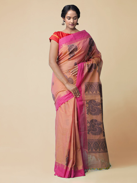 

Unnati Silks Orange Pure Cotton Woven Design Handloom Uppada Saree