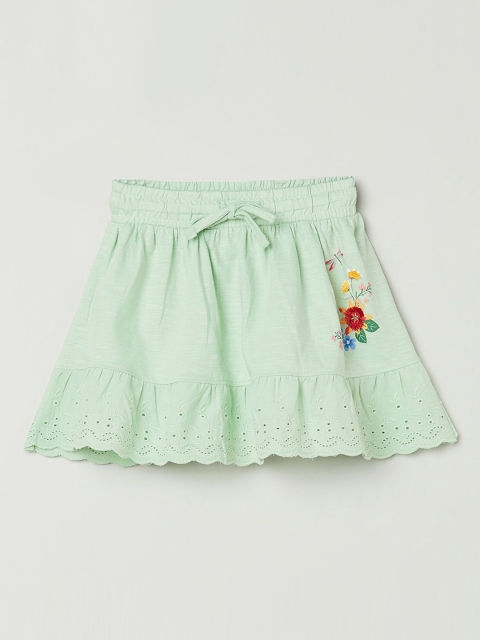 max Girls Green & Red Embroidered A-Line Skirt