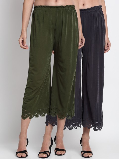 

NEUDIS Women Pack Of 2 Solid Wide Leg Palazzos, Olive