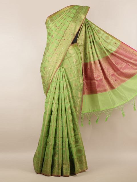 

Pothys Green Checked Cotton Blend Saree
