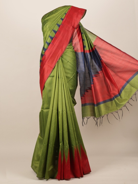 

Pothys Green & Red Jute Silk Solid Saree