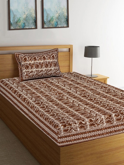 Tistabene Brown & Off-White Printed 180 TC Cotton 1 Single Bedsheet with 1 Pillow Cover