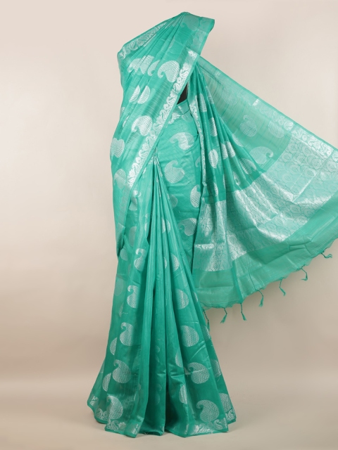 

Pothys Green & Silver-Toned Cotton Blend Woven Design Saree