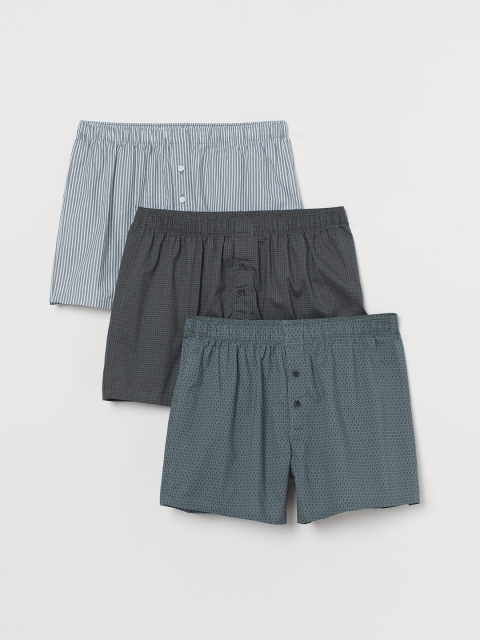 

H&M Men Green & Multicoloured Pack of 3 Woven Boxer Shorts