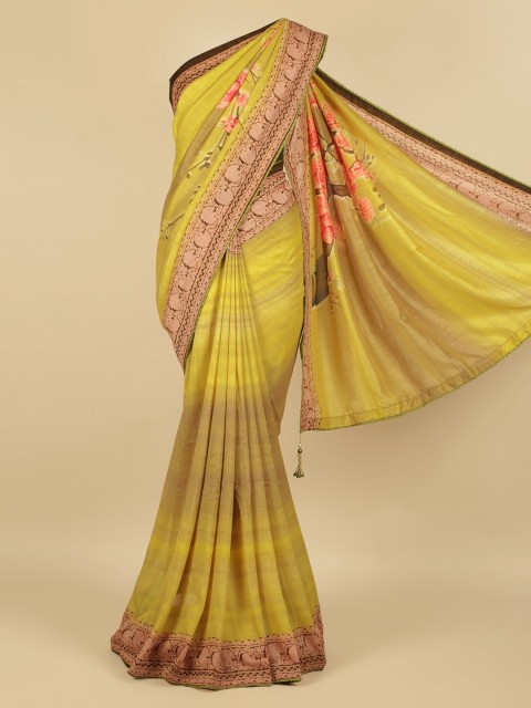 

Pothys Yellow & Pink Jute Silk Printed Saree