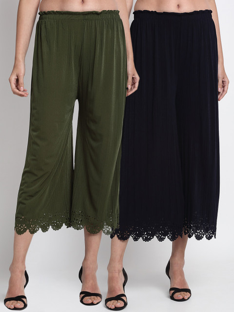 

NEUDIS Women Pack Of 2 Hem Design Wide Leg Palazzos, Olive