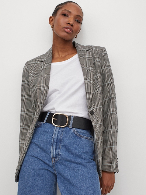 

H&M Women Beige & Black Checked Fitted Jacket