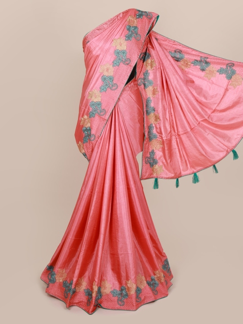 

Pothys Pink & Blue Silk Blend Solid Saree