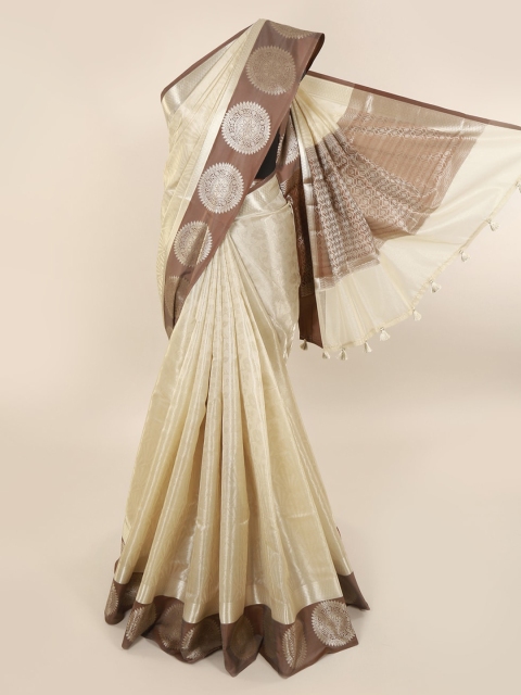 

Pothys Cream-Coloured & Brown Cotton Blend Woven Design Saree