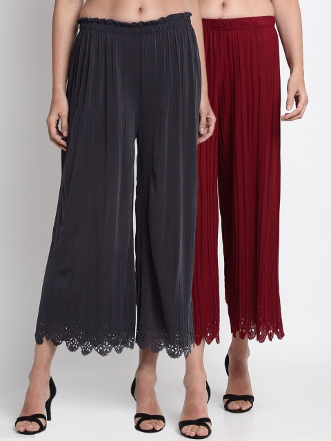 

NEUDIS Women Maroon & Grey Hem Design Straight Palazzos