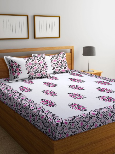 

DREAM WEAVERZ White & Pink Floral 300 TC Cotton 1 Queen Bedsheet with 2 Pillow Covers