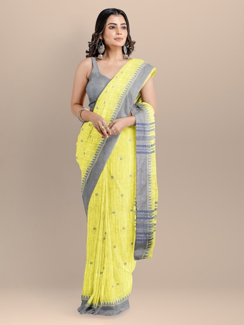 

BharatSthali Yellow & Grey Pure Cotton Printed Handloom Taant Saree