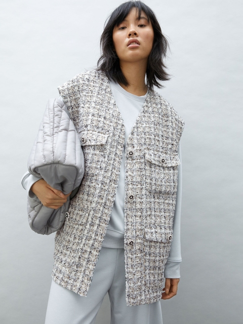 

H&M Women White & Grey Textured-Weave Gilet