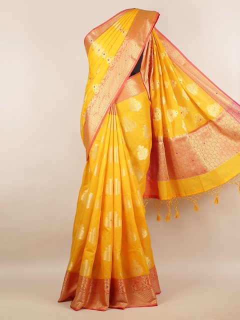 

Pothys Yellow & Gold-Toned Cotton Blend Woven Design Saree