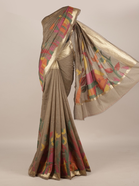 Pothys Olive Green Printed Jute Silk Saree