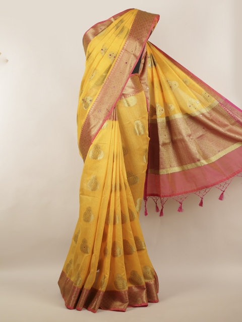 

Pothys Yellow & Gold-Toned Cotton Blend Woven Design Saree
