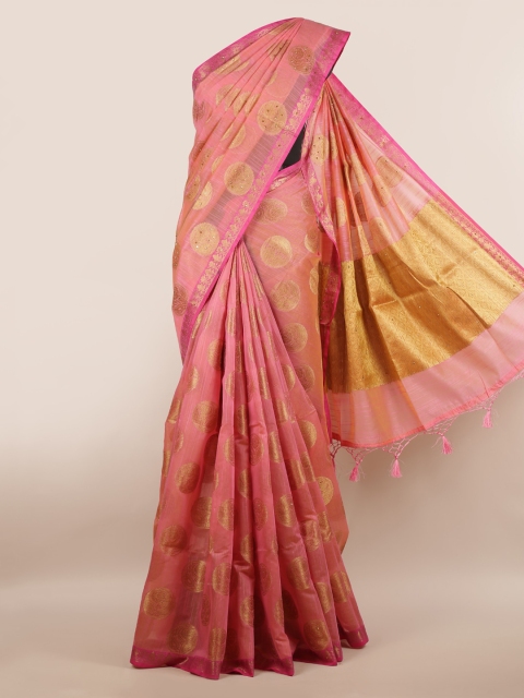 Pothys Pink & Gold-Toned Cotton Blend Woven Design Saree With Tasseled Pallu
