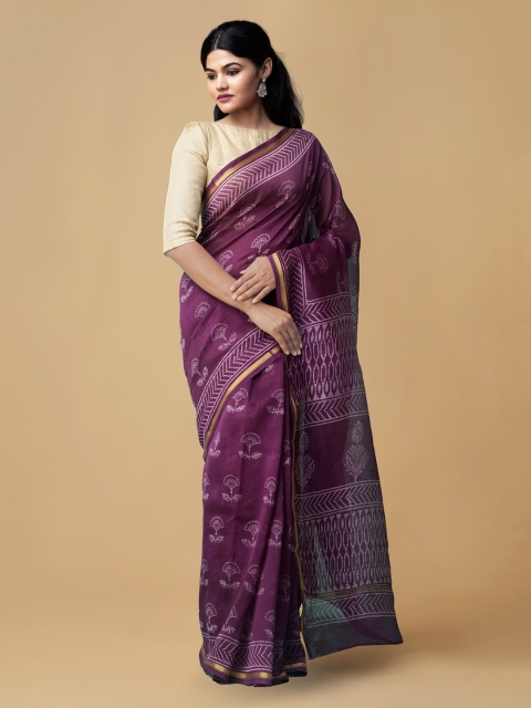 

Unnati Silks Purple Silk Blend Printed Chanderi Saree