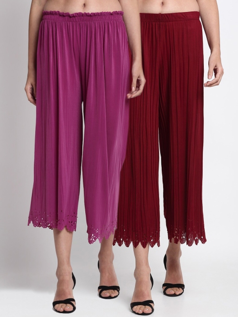 

NEUDIS Women Pack Of 2 Solid Wide Leg Palazzos, Maroon