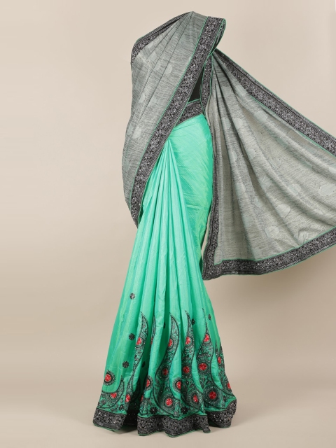 

Pothys Green & Grey Poly Georgette Colourblocked Saree