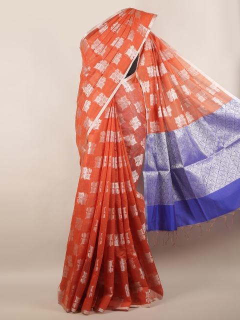 

Pothys Orange & Silver-Toned Cotton Blend Woven Design Saree