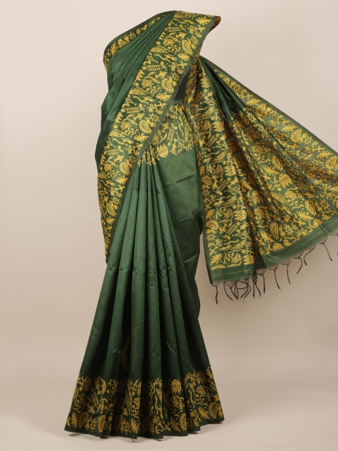 

Pothys Green & Yellow Jute Silk Solid Saree