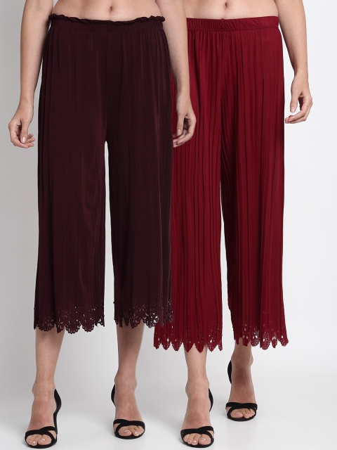 NEUDIS Women Pack Of 2 Solid Wide Leg Palazzos, Maroon
