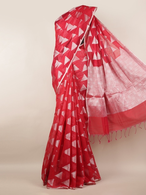 Pothys Red & Silver-Toned Cotton Blend Woven Design Saree