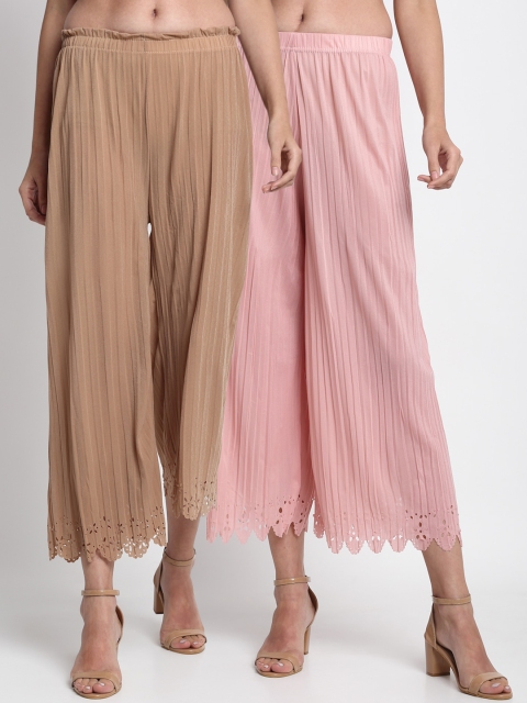 

NEUDIS Women Beige & Pink Hem Design Straight Palazzos