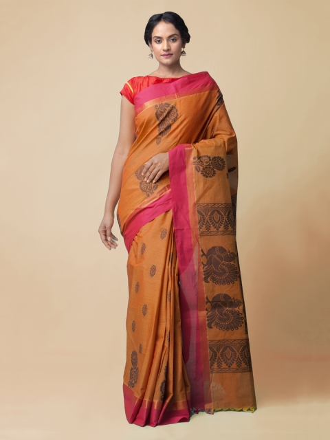 

Unnati Silks Orange Pure Cotton Printed Handloom Uppada Saree