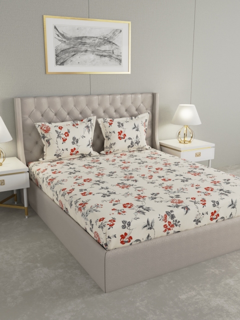 

Raymond Home Off-White & Red Floral 104 TC Cotton 1 Queen Bedsheet with 2 Pillow Covers