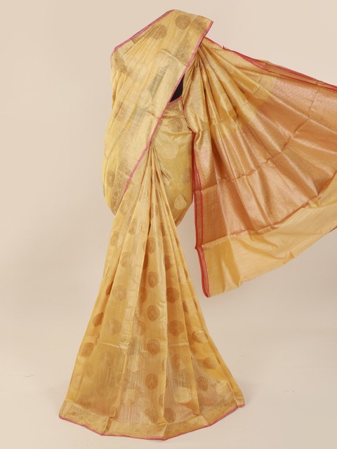 

Pothys Cream-Coloured & Gold-Toned Cotton Blend Woven Design Saree With Zari Border