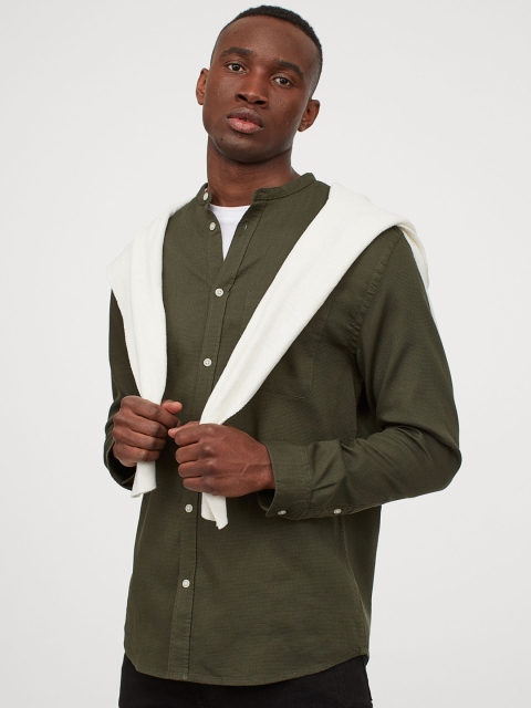 

H&M Men Green Solid Cotton Grandad Shirt Regular Fit