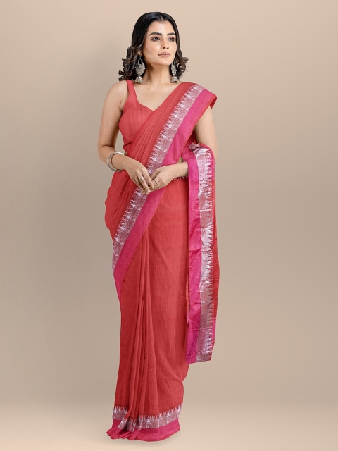 

BharatSthali Red Solid Maheshwari Saree