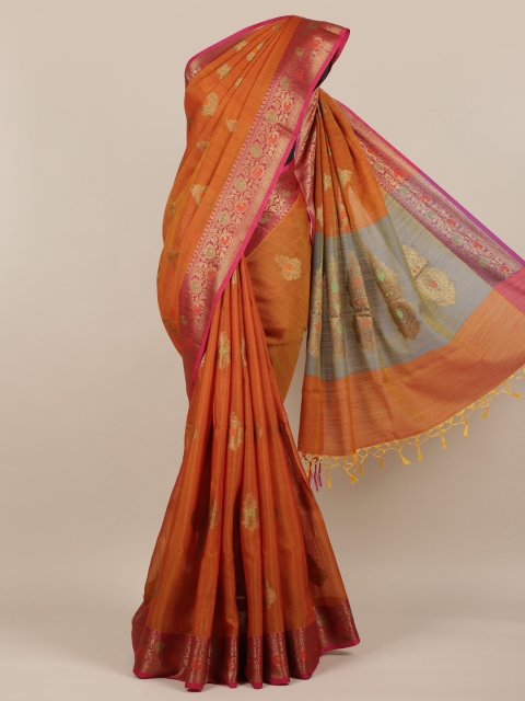 

Pothys Orange & Gold-Toned Cotton Blend Woven Design Saree With Tasseled Pallu