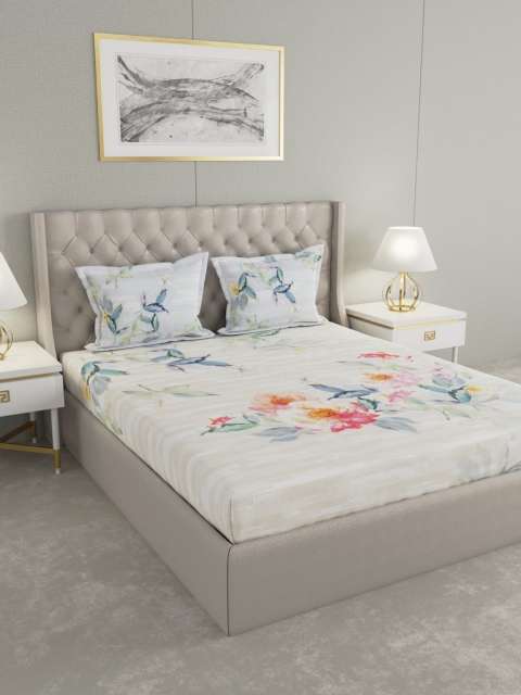 

Raymond Home White & Beige Floral 300 TC Cotton 1 King Bedsheet with 2 Pillow Covers