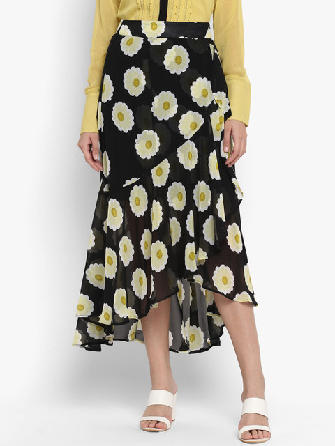 

NIZA Women Black & Yellow Floral Printed Midi Tulip Skirt