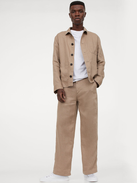 

H&M Men Beige Solid Straight Fit Linen Trousers