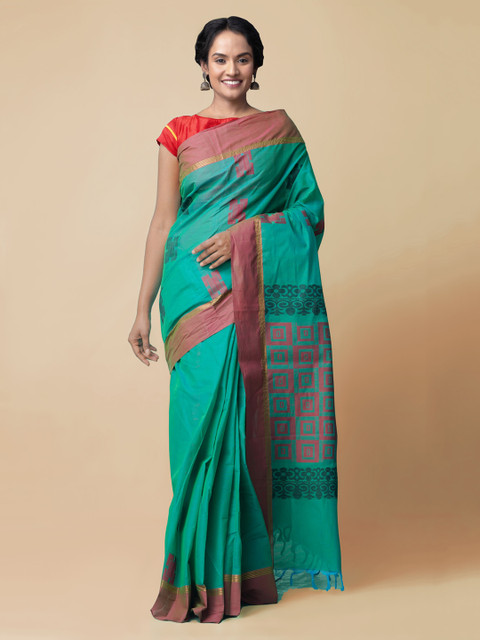 

Unnati Silks Green Pure Cotton Woven Design Handloom Uppada Saree