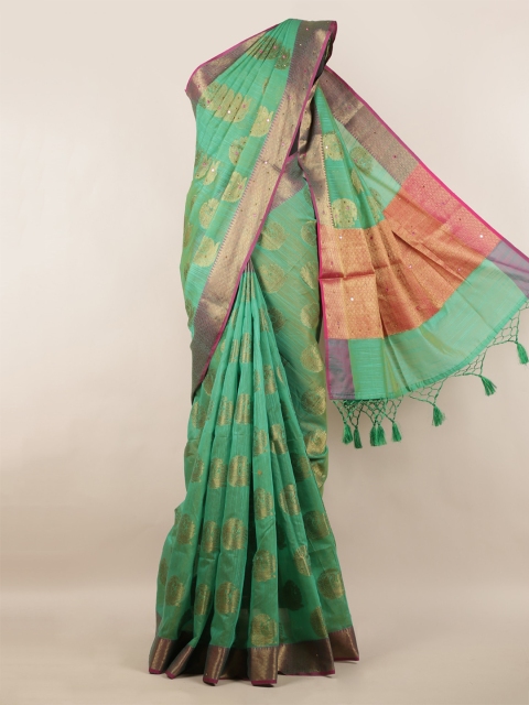 

Pothys Green & Gold-Toned Cotton Blend Embellished Saree