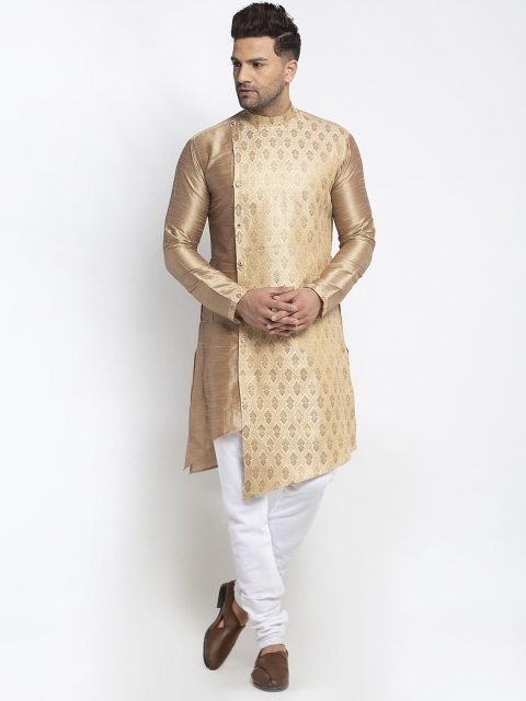 

TREEMODA Men Gold-Coloured & White Woven Design Brocade Kurta with Churidar