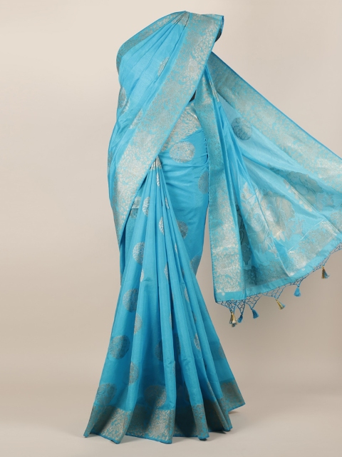 

Pothys Blue & Silver-Toned Jute Silk Woven Design Saree With Tasseled Pallu