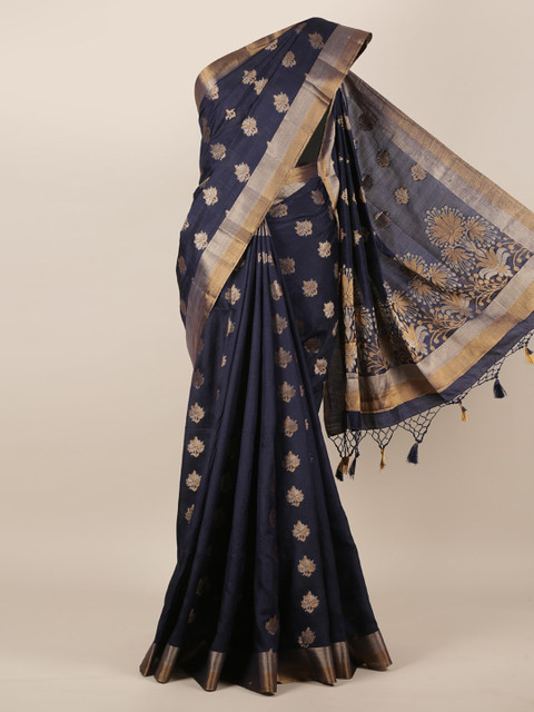 

Pothys Navy Blue & Gold-Toned Jute Silk Woven Design Saree