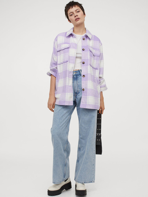 

H&M Women Purple Checked Oversized shirt jacket