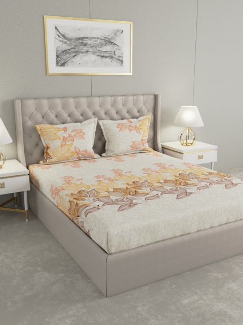 

Raymond Home Beige & Yellow Floral 210 TC Cotton 1 King Bedsheet with 2 Pillow Covers