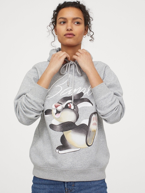 

H&M Women Grey Melange Printed Motif-front hoodie