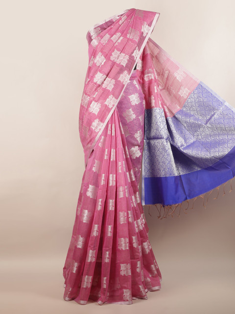 

Pothys Pink & Silver-Toned Cotton Blend Woven Design Saree